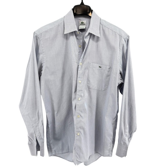 Lacoste Mens 42 Pre-Owned Dress Shirt LS Gingham Check Blue White Button Down - Picture 2 of 14